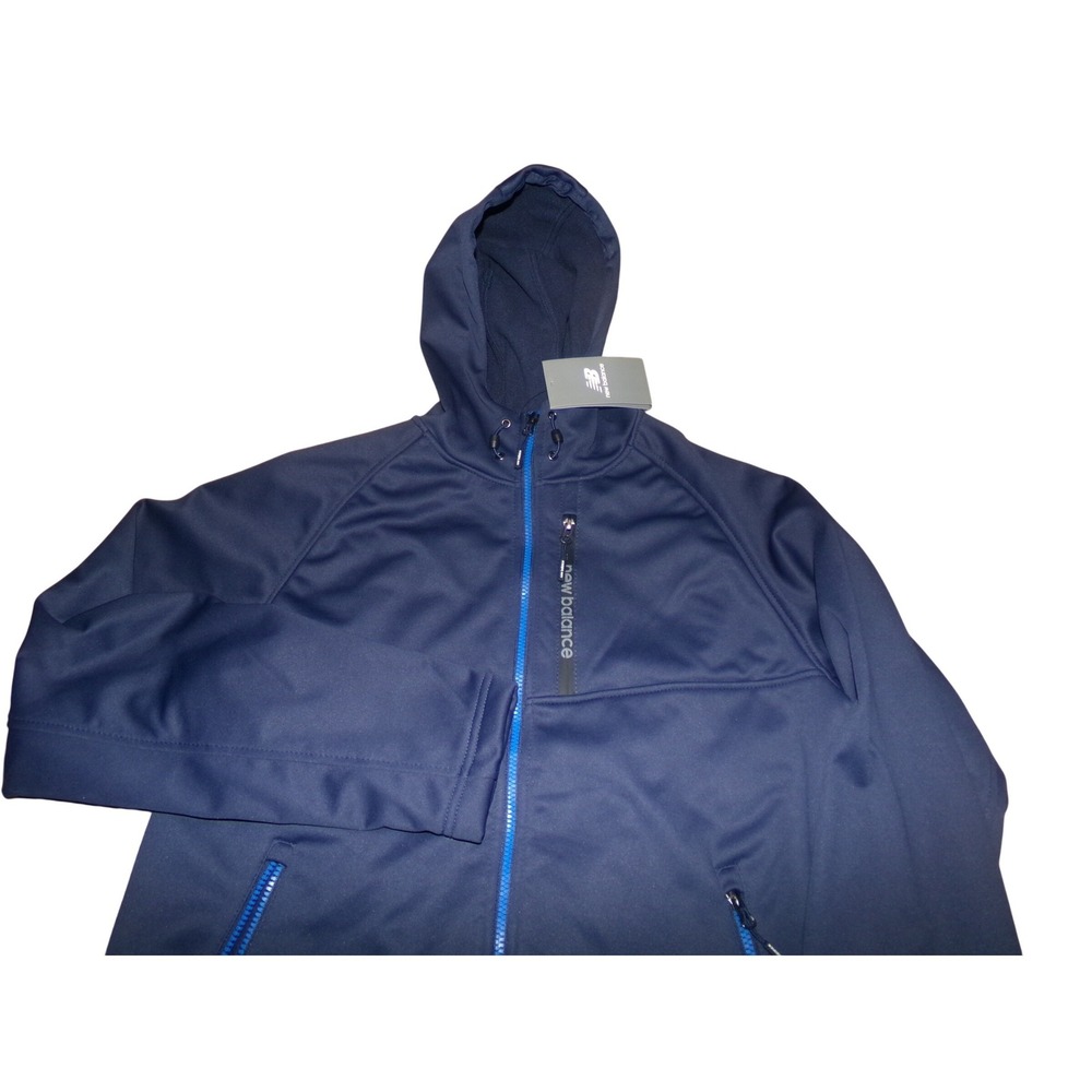 New Balance Mens Softshell Hooded Jacket Navy MED Full Zip Reflective Logo NEW - Picture 3 of 4